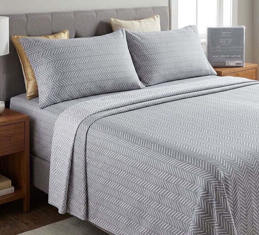 Signature Collection King Sheet Set Gray Chevron Brushed Microfiber New Bedding